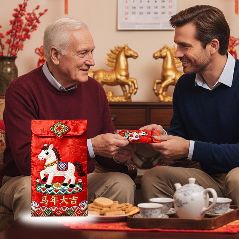 2026 Year Of The Horse Chinese New Year Red Envelopes, 6 Pcs Flat Embroidery Hong Bao for Spring Festival, Wedding & Birthday Party - Image 3